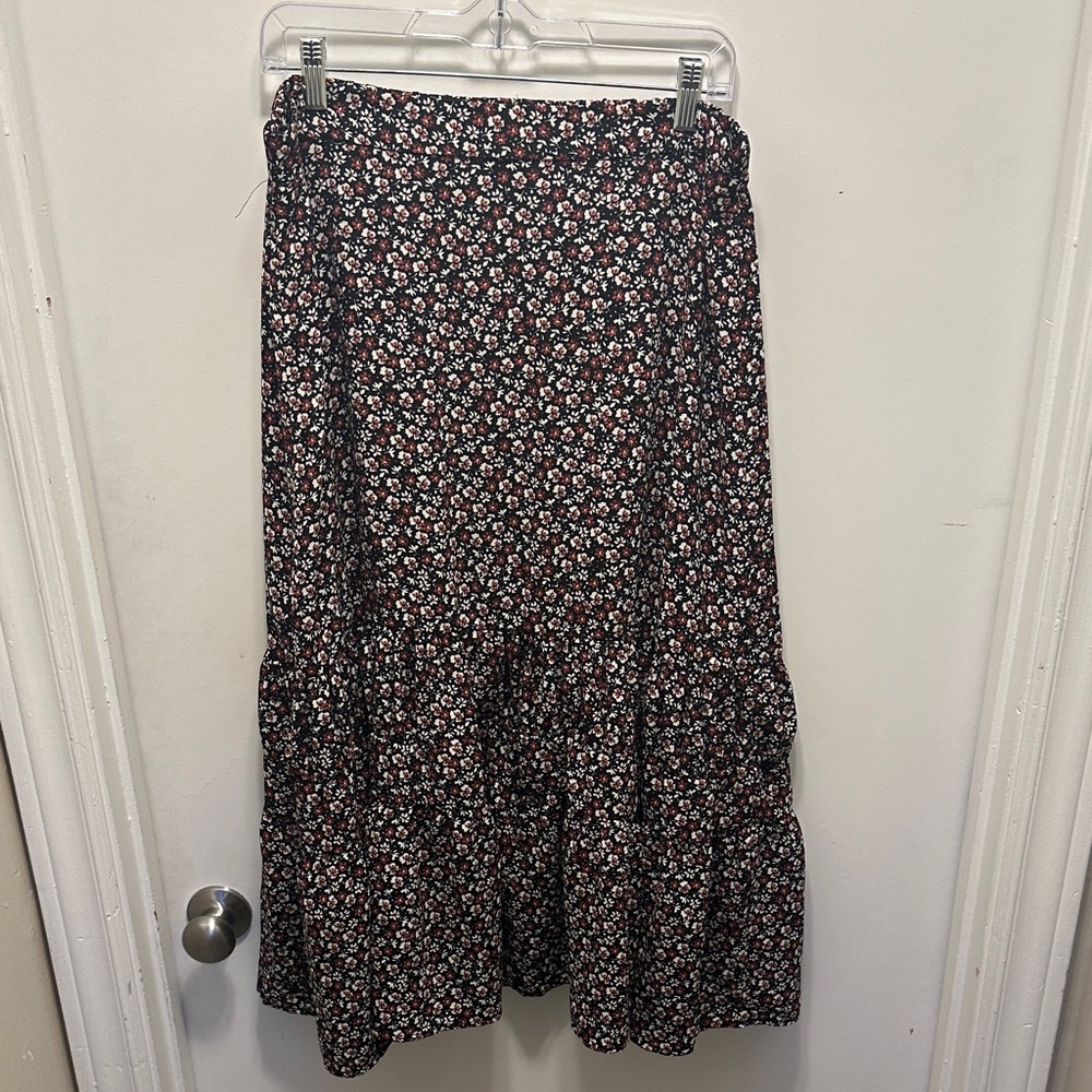 Maurices Black Floral Tiered Midi Skirt with Rust and Cream Accents